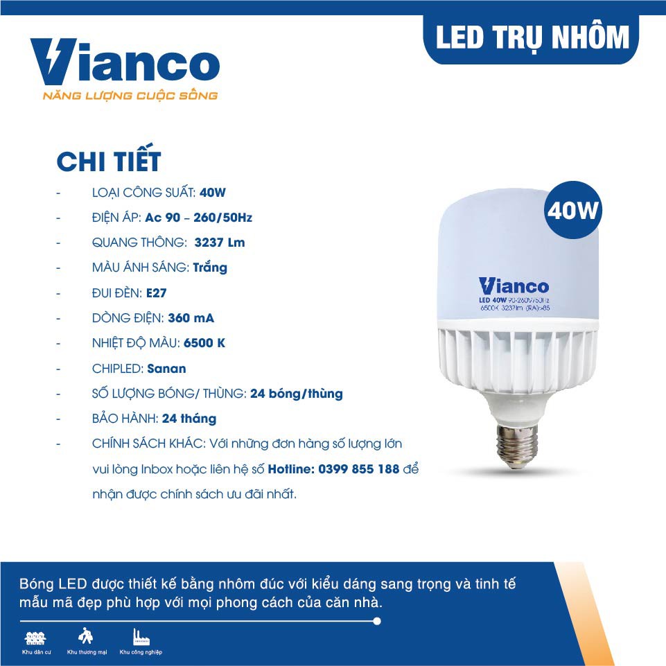 Bóng Đèn Led Trụ Nhôm VIANCO Được Thiết Kế Dáng Trụ Giúp Góc Sáng Rộng, Chất Lượng Ánh Sáng Cao