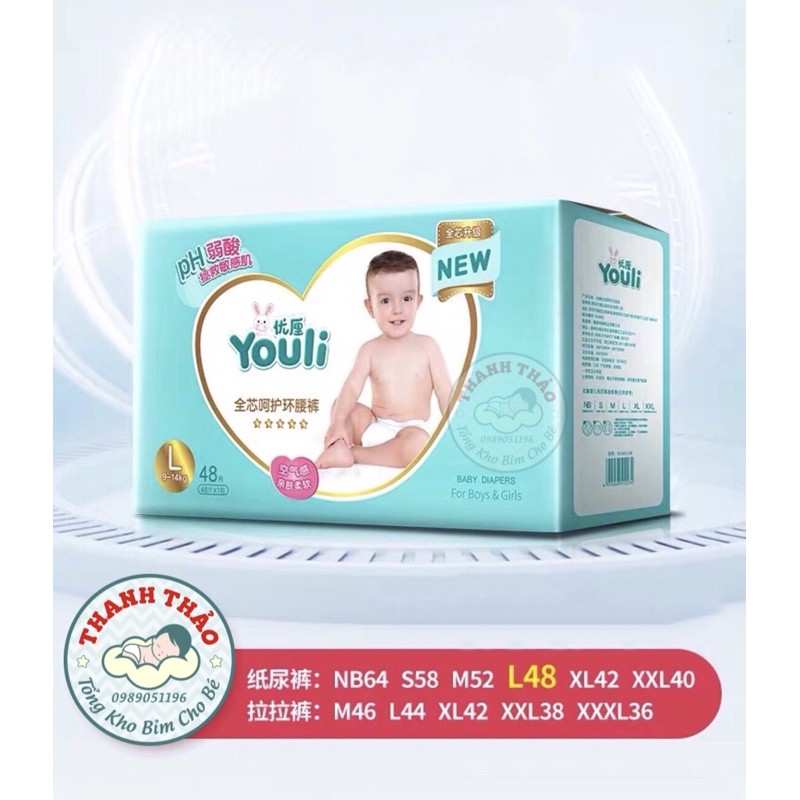 Bỉm YOULI CAO CẤP dán/quần NB64/S58/M52-46/L48-44/XL42/XXL38/XXXL36