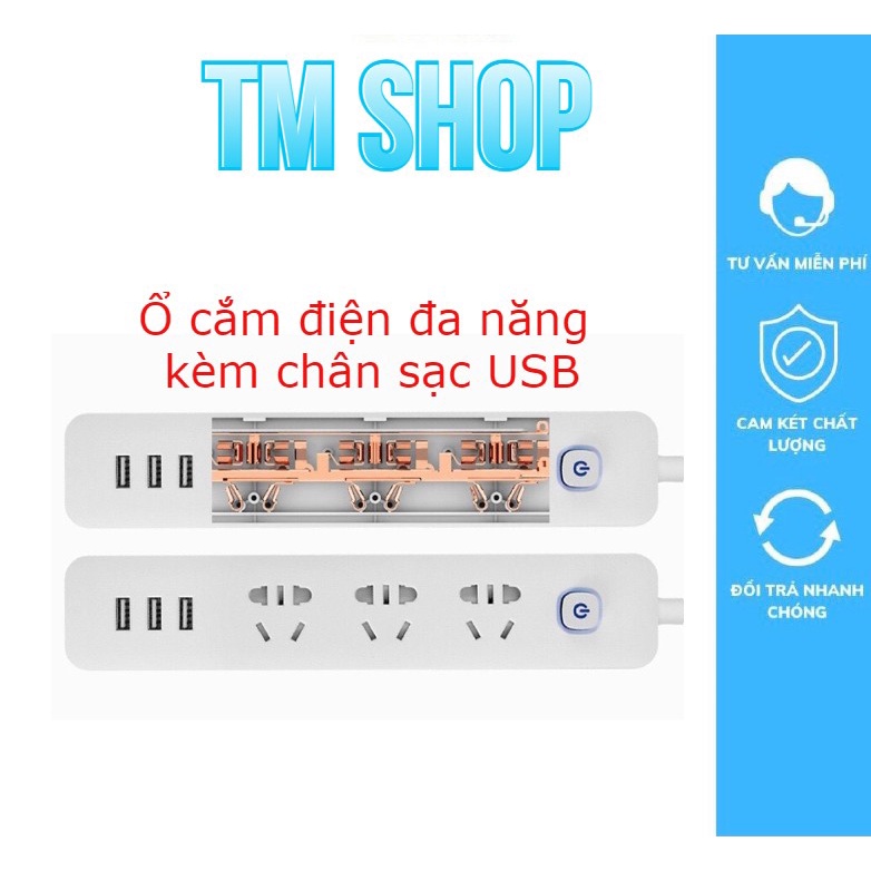 Ổ Cắm Điện Đa Năng, Ổ cắm kèm 3 cổng sạc USB, Điện chịu tải 2500W, Dây nối dài 1.8m