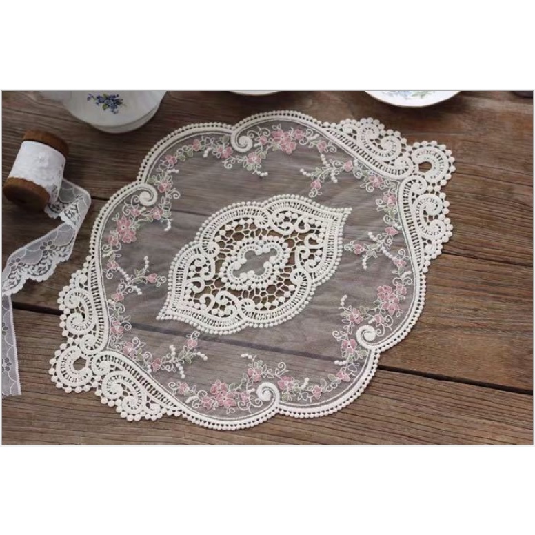 Khăn Trải Bàn Phối Ren Thêu Họa Tiết Phong Cách Vintage Pháp
