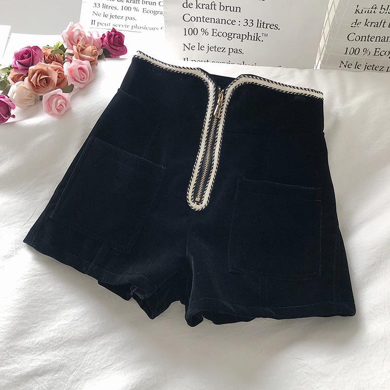 Quần Short Nhung Lưng Cao Ống Rộng Phối Màu Tương Phản Phong Cách Mới Cho Nữ