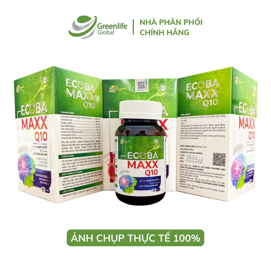 Viên uống bổ não GrnLife Ecoba Maxx Q10 Ginkgo 360mg - lưu thông, tuần hoàn máu não (60 viên nang mềm )