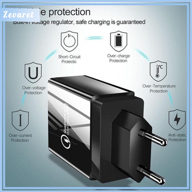 Củ Sạc Zevaret 12w 4 Cổng Usb 3a Phích Cắm Us / Eu / Uk Màu Đen Chất Lượng Cao