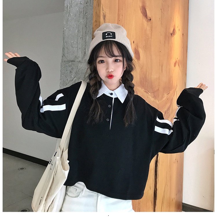 Áo polo Tay Dài Dáng Rộng Ngắn Họa Tiết Kẻ Sọc Thời Trang Hàn Quốc 2022 Mới