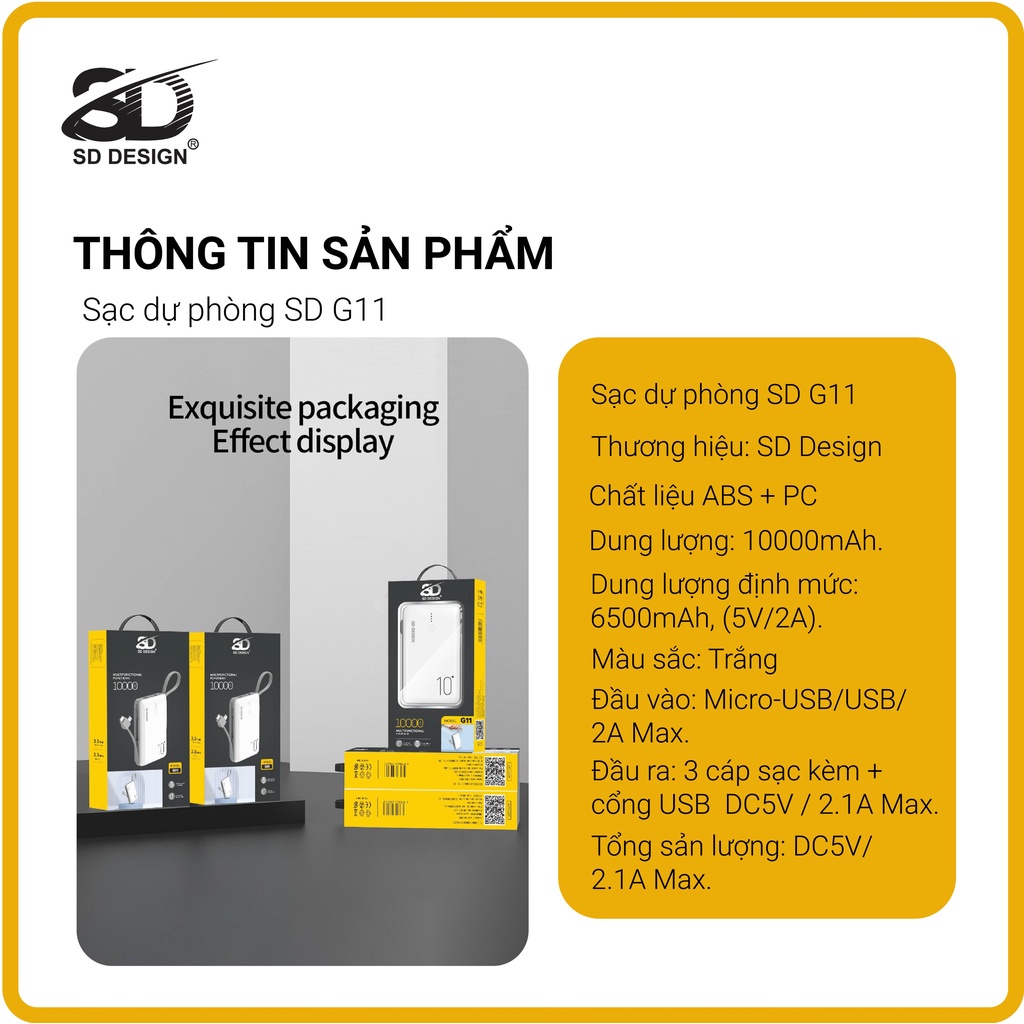 Sạc dự phòng Mini chính hãng SD DESIGN G11 dung lượng 10.000 mAh có đầy đủ chân sạc cho iphone, samsung, xiaomi,...