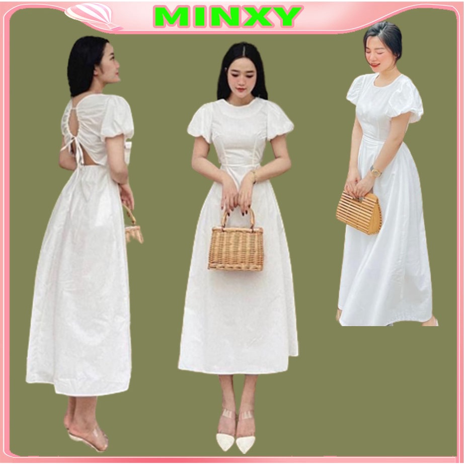 Váy trắng hở lưng tay bồng đầm maxi cổ tròn,hàng thiết kế tiểu thư cực xinh-Minxy shop