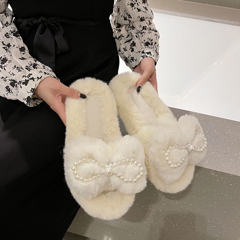 Dép Cotton Đế Bằng Đính Nơ Ngọc Trai Thời Trang Xuân Thu 2022 Cho Nữ
