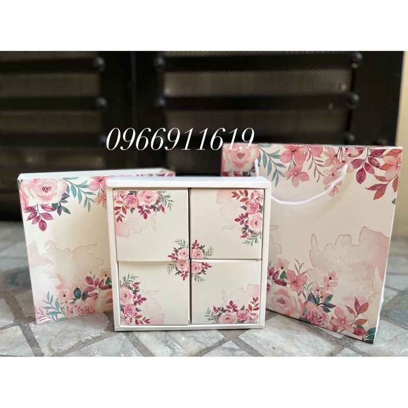 set 10 bộ túi hộp bánh trung thu 4 bánh mẫu hoa hồng