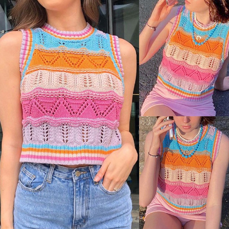 Áo Len Croptop Không Tay Họa Tiết Sọc Cầu Vồng Thời Trang Cho Nữ