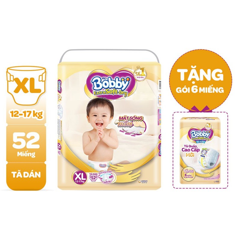 Tã Dán Bobby Extra Soft Dry S74/M64/L58/XL52/XXL24 (có tặng và không tặng )