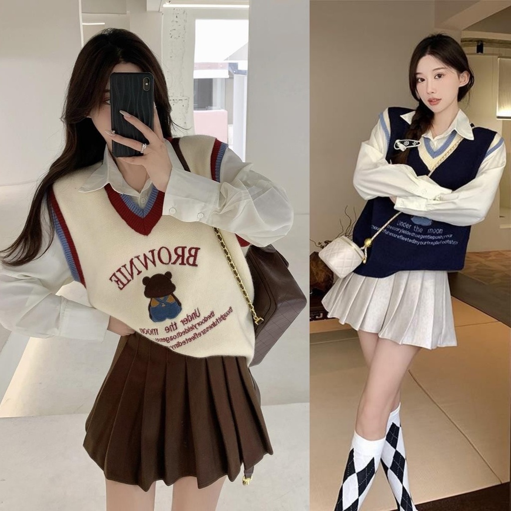 Set Áo Sơ Mi Tay Dài Dáng Rộng + Áo Len Không Tay Thiết Kế Mới Thời Trang Theo Phong Cách Hàn Quốc