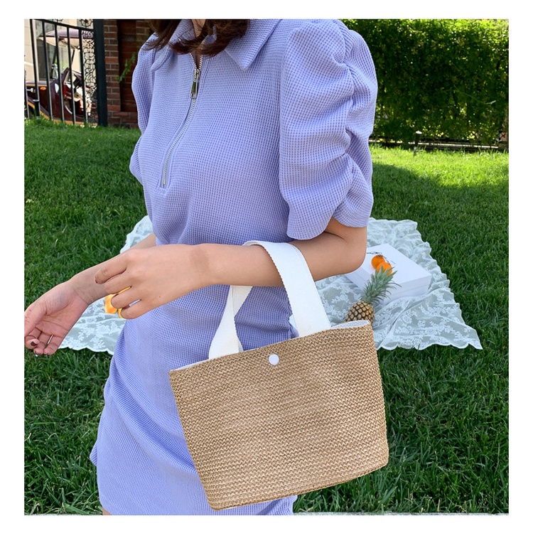 Túi Cói Xách Tay Retro 2 Lớp Quai Vải P1829