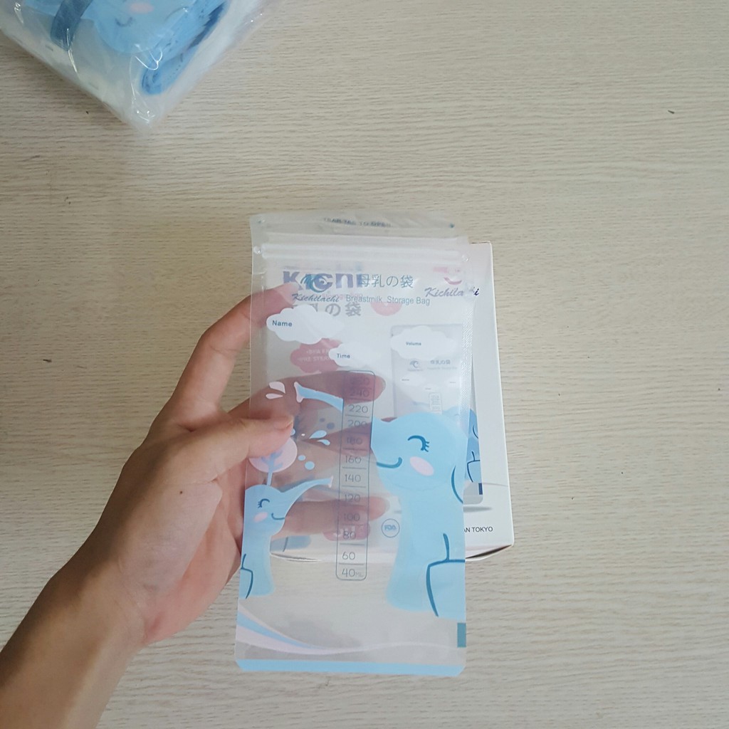 Hộp 50 túi trữ sữa Kichilachi 250ml mác voi con, An toàn Không BPA, 2 khóa ziper chắc chắn