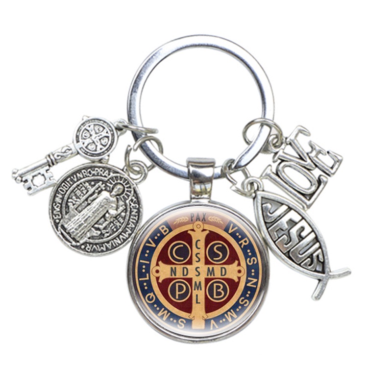 Saint Benedict Medallion Móc Chìa Khóa Thủ Công Mặt Kính In Hình Chúa JESUS Nghệ Thuật Làm Quà Tặng