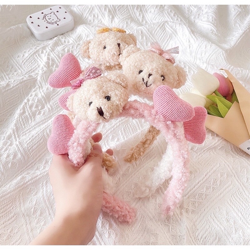 Bờm cài tóc lông xù hình gấu trái tim cho nữ siêu xinh