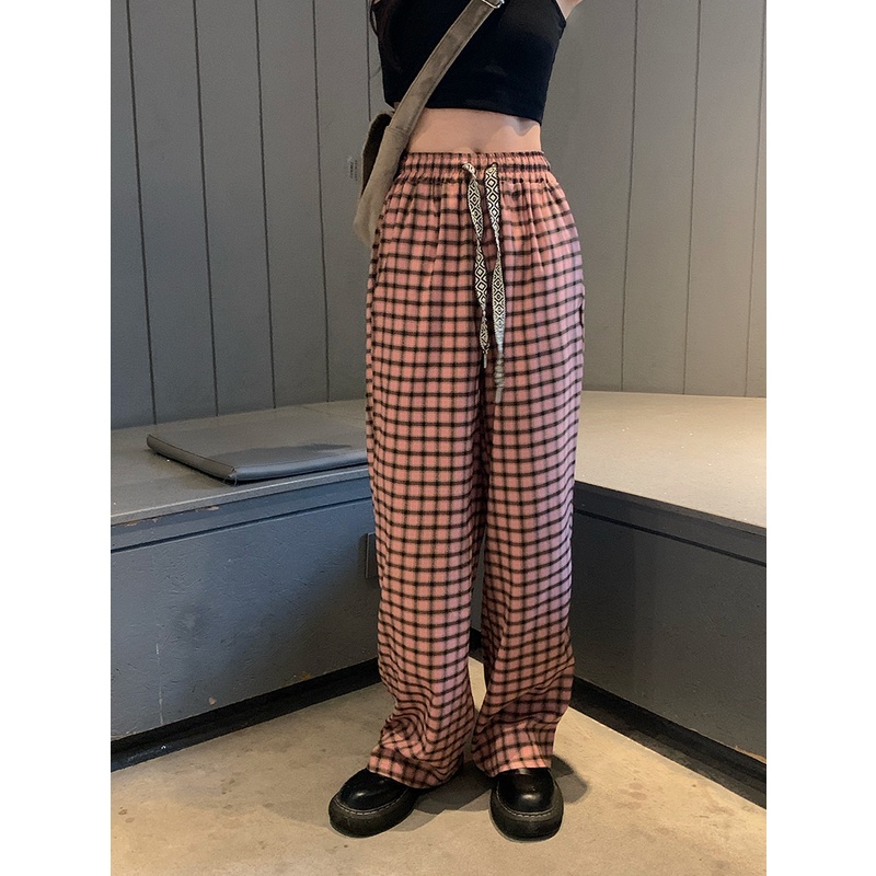 Quần Dài Lưng Cao Ống Rộng Họa Tiết Sọc Caro Phong Cách retro Hàn Quốc Thời Trang Cho Nữ