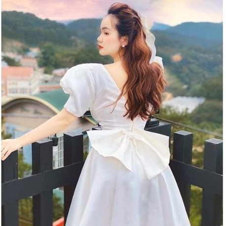 Váy Thiết Kế Xòe a thiết kế hàn quốc, Váy xòe a trắng cổ vuông tay bồng, nơ lưng cá tính V03 | BigBuy360 - bigbuy360.vn