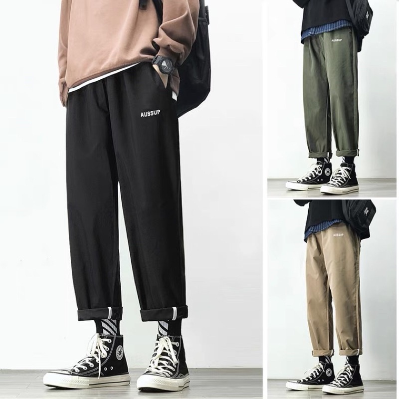 Quần kaki Baggy Nam Nữ-Quần kaki ống Suông Unisex thêu hình AUSSUP cực hót-Ba màu : Đen,Xanh,Be-3 Size:M,L,XL - Hàng nhậ