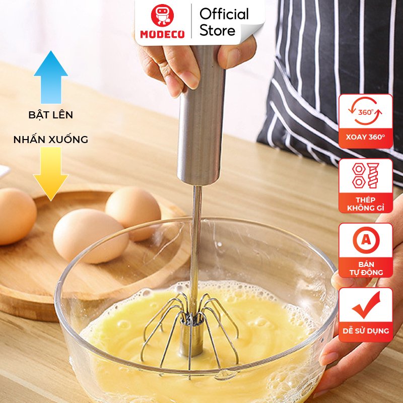 Cây Đánh Trứng Bán Tự Động Xoay 360° Cầm Tay Inox 304 Cao Cấp Modeco - Dễ Dàng Khuấy, Mất 5 Giây Để Đánh Trứng