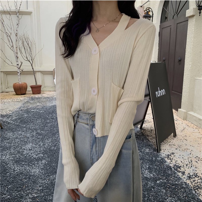 Áo cardigan ZHELIHANGFEI dệt kim tay dài cổ chữ V lưng cao phong cách phương Tây