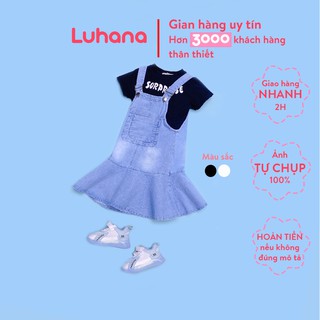 Váy bé gái bộ gồm yếm bò cho bé và áo thun đen trắng thời trang, váy yếm cho bé vô cùng mềm mịn Luhana