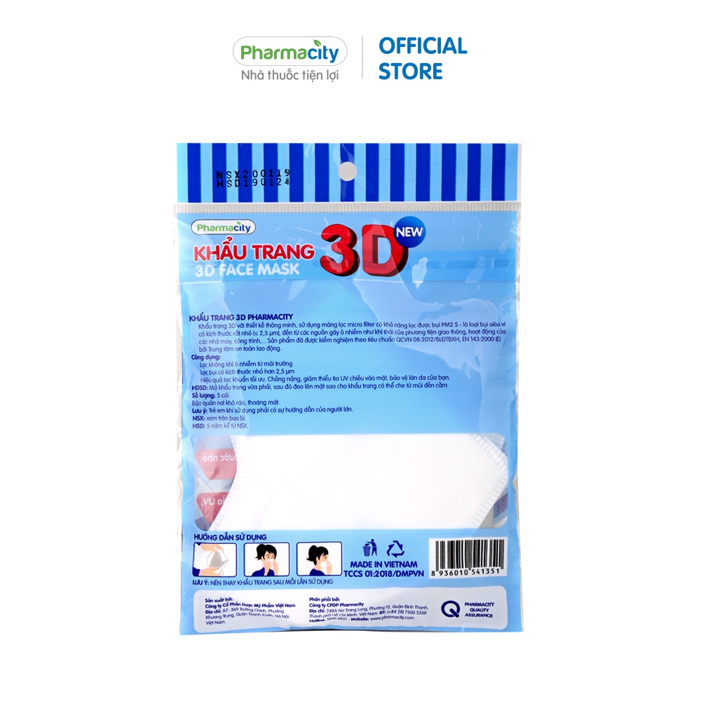 Khẩu trang y tế 3D chất lượng cao Pharmacity (Gói 5 cái)