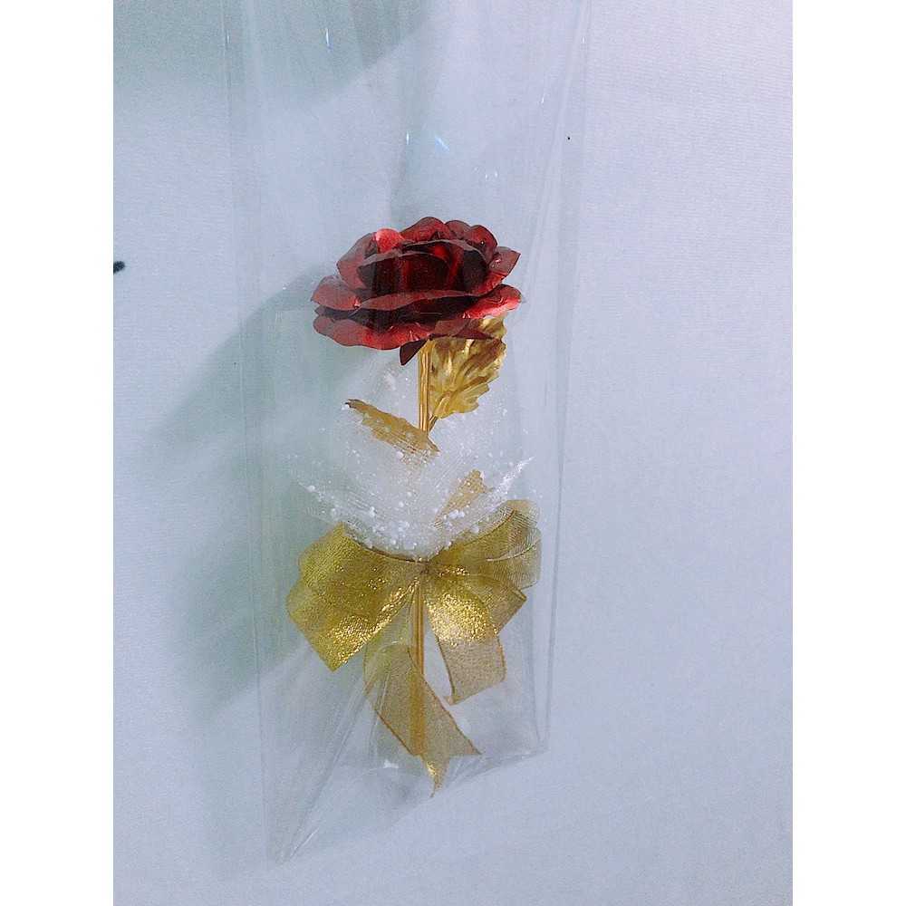 Túi 1 bông hồng kim loại mạ vàng lấp lánh phối lưới tuyết và ruy băng kim tuyến làm quà tặng
