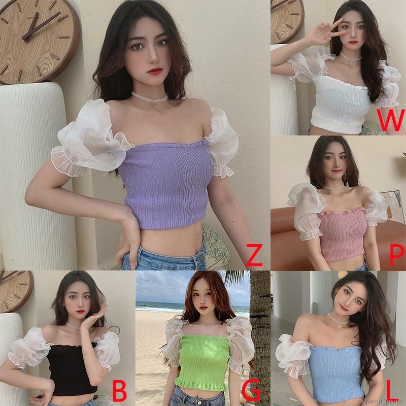 Áo Croptop Dệt Kim Tay Ngắn Cổ Vuông Phong Cách Hàn Quốc
