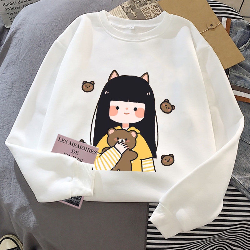 Áo Nỉ Cổ Tròn Tay Bo Chất Đẹp Mềm Mịn Mùa Thu Đông Mặc Đi Học Đi Chơi Trẻ Trung Năng Động In Em Bé Ôm Gấu