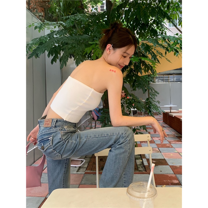 HUANG YOYO Áo Croptop không dây Dệt Kim Phong Cách Hàn Quốc Quyến Rũ áo kiểu