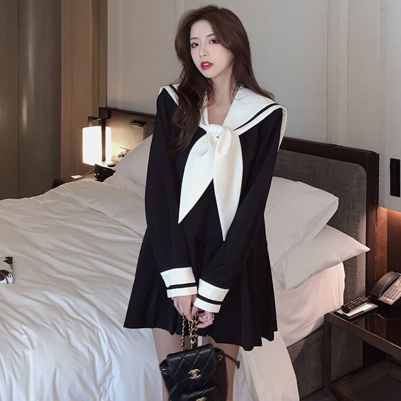 Đầm Dáng Chữ A Dài Tay Cổ Thủy Thủ Xinh Xắn Dành Cho Nữ