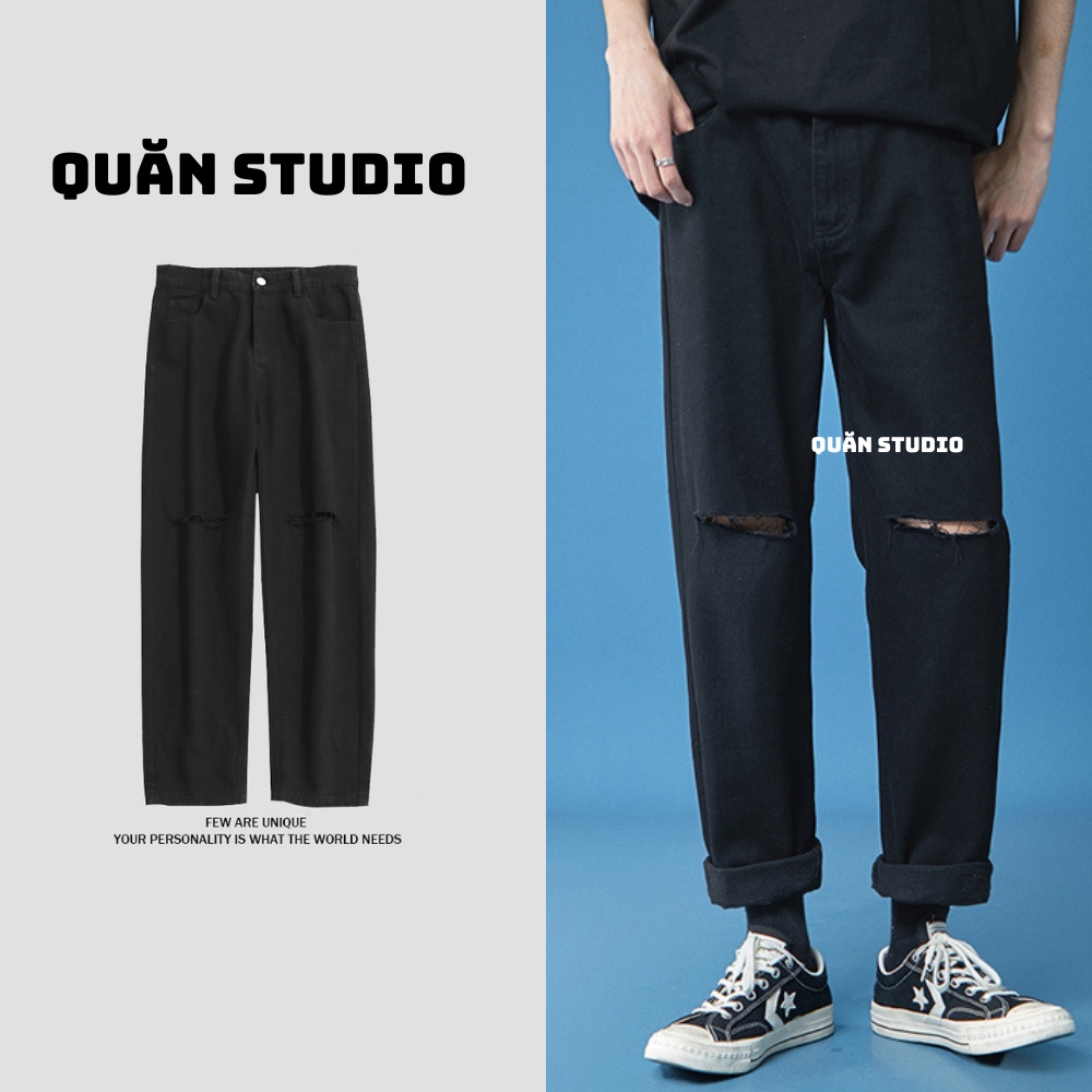 Quần Baggy Nam Rách Gối Quăn Studio - Quần Jean Nam Màu Đen Rách Gối Form Chuẩn Hàn Quốc QRG04