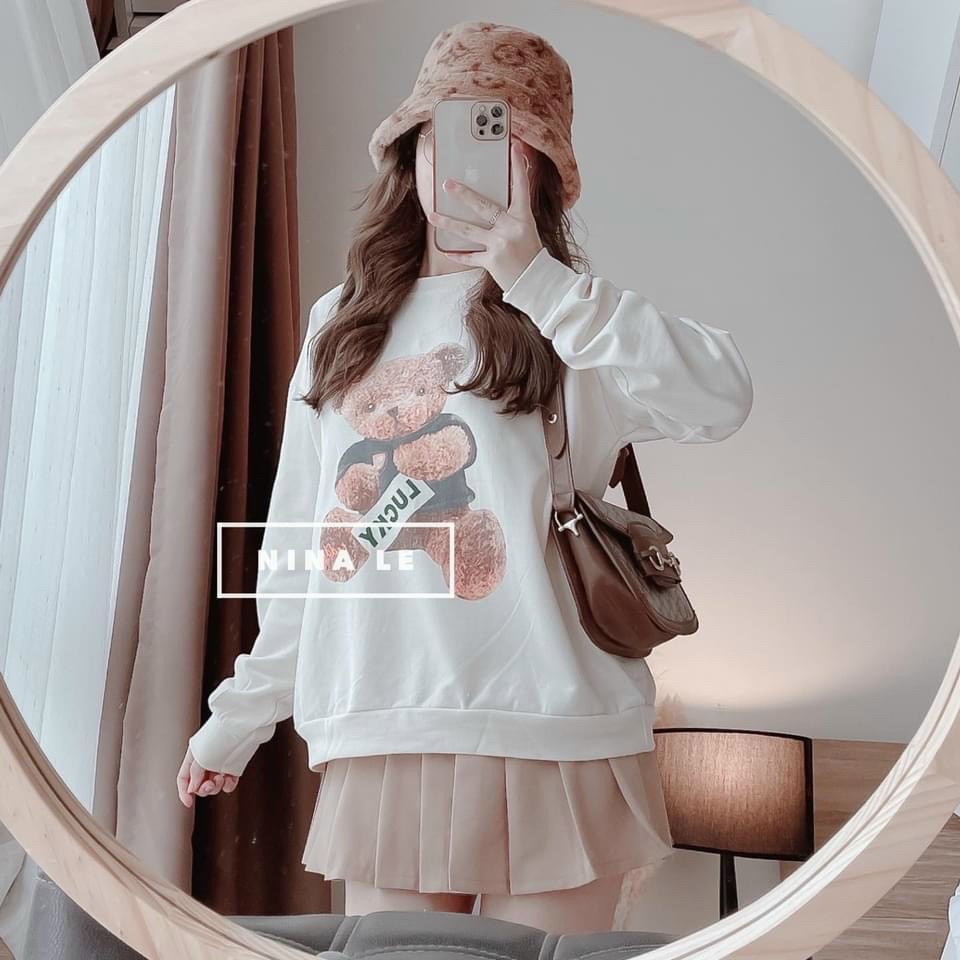 Set áo tay dài họa tiết con gấu mix chân váy xếp ly thời trang nữ siêu cute thích hợp với các nàng đi chơi, dự tiệc