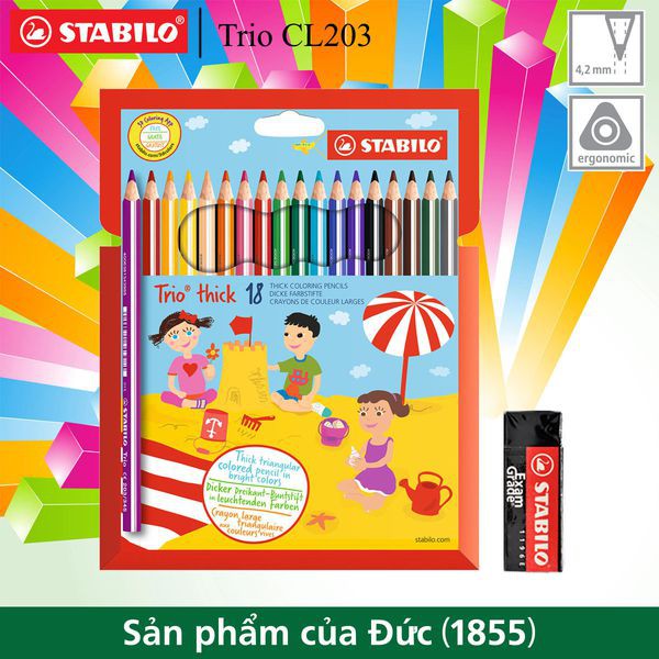 Vỉ bút chì màu STABILO Trio 203 18 cây + tẩy ExamGrade ER196E (CL203-18P+)