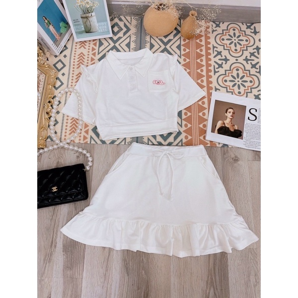 SET ÁO POLO CROPTOP + CHÂN VÁY TRẮNG BÈO LƯNG THUN [kèm ảnh thật]