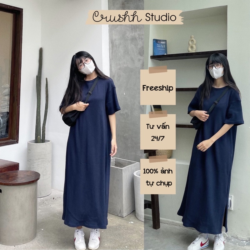 [HÀNG THIẾT KẾ - CRUSHH STUDIO ] D35 - Đầm suông thun muffle xanh đen