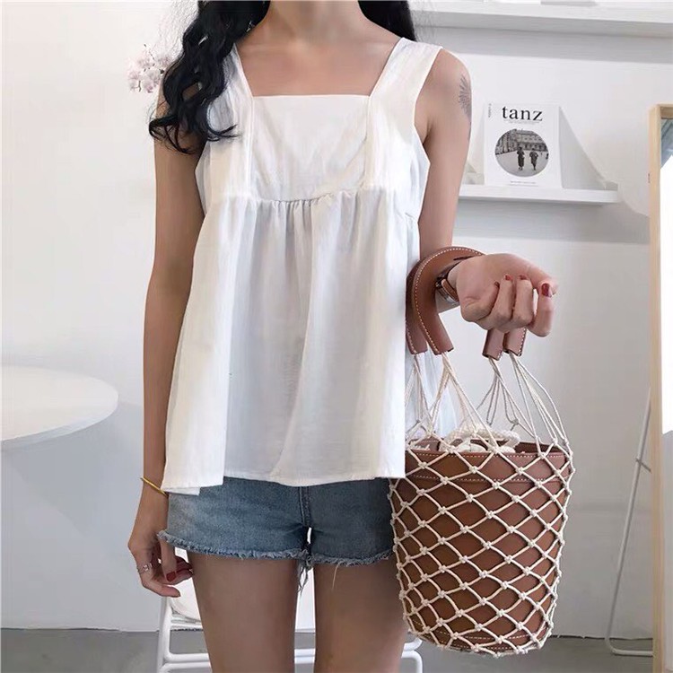 Áo Suông Hai Dây Bản To Đuôi Cá Thắt Nơ Sau Lưng Chất Cotton Thoáng Mát