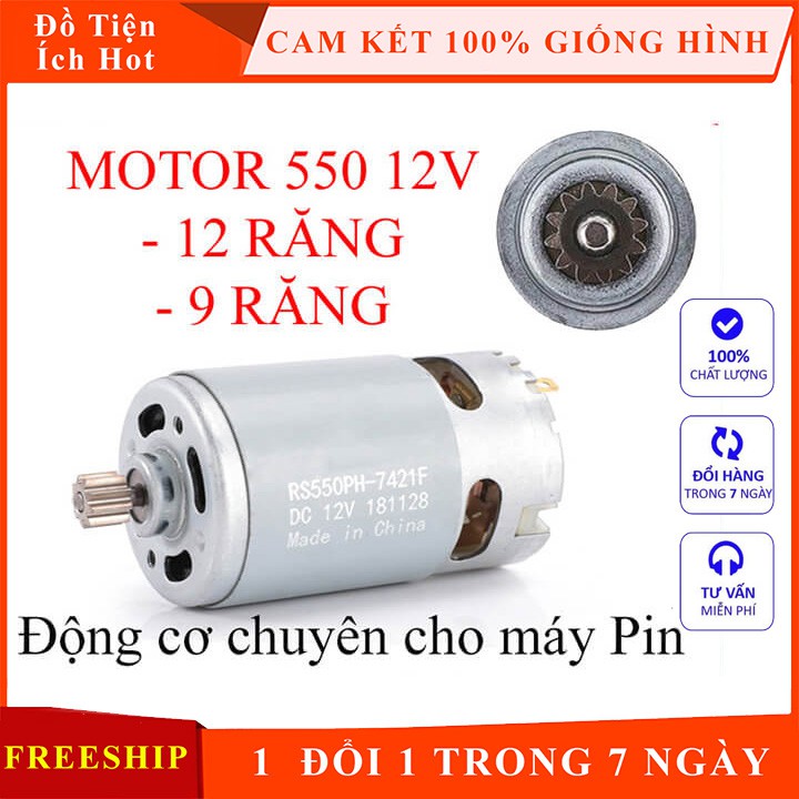 Motor 550 công suất cao có sẵn bánh răng chuyên cho máy pin 12V loại 12 răng, 9 răng, động cơ thay thế máy pin