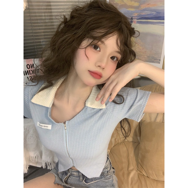 Áo croptop Xiaozhainv tay ngắn phối khoá kéo thiết kế quyến rũ