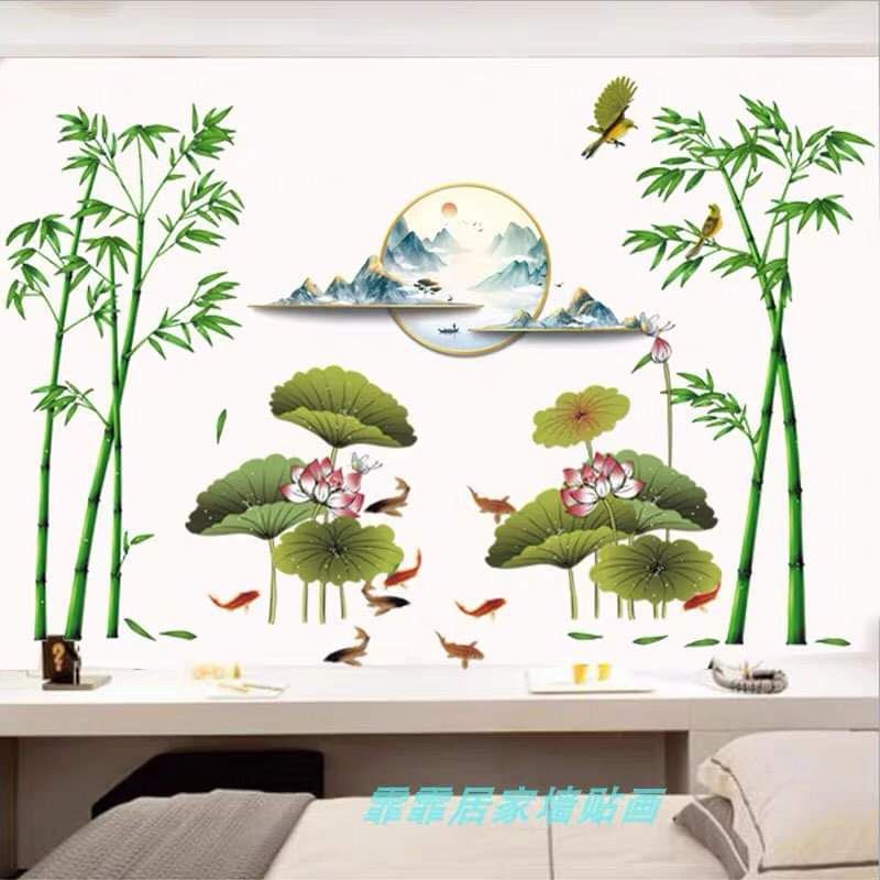 Decal dán tường đầm sen, trúc xanh và trăng( tranh ghép)