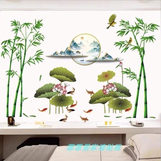 Decal dán tường đầm sen, trúc xanh và trăng