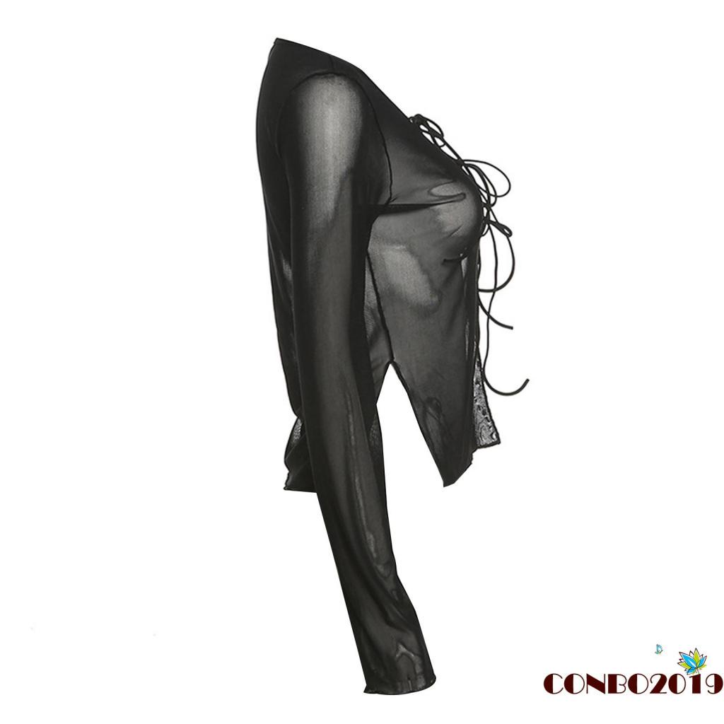 Áo Thun Tay Dài Phối Lưới Có Dây Điều Chỉnh Màu Sắc Thời Trang Quyến Rũ Cho Nữ