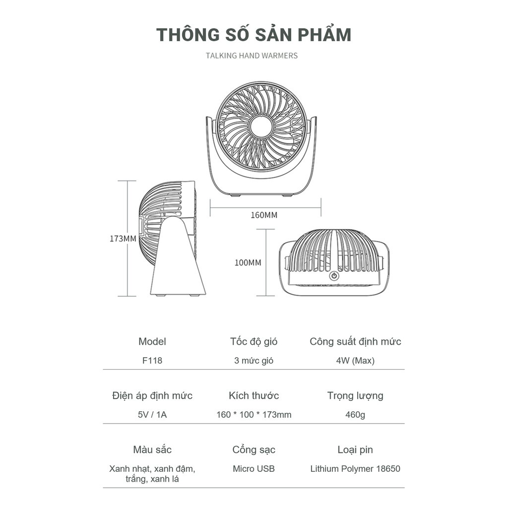 Quạt tích điện để bàn cảm ứng không dây F118,xoay chỉnh 360 độ,thao tác bằng cảm ứng,điều chỉnh 3 tốc độ gió