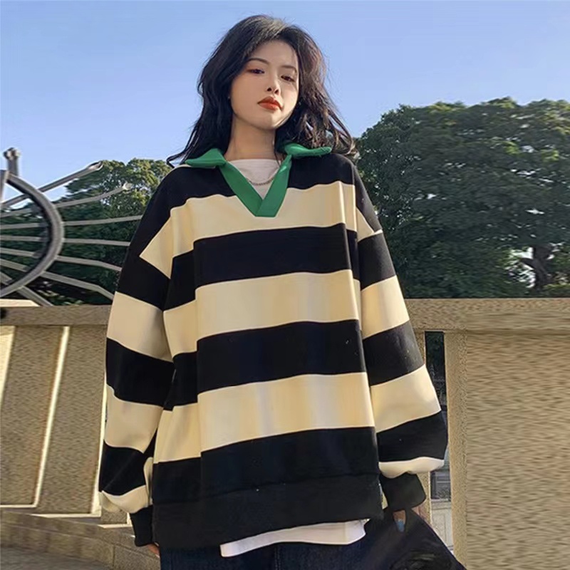 ZHELIHANGFEI Áo Thun Dài Tay Cổ Bẻ Form Rộng Họa Tiết Kẻ Sọc Trẻ Trung