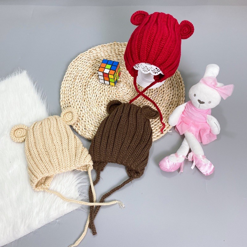 Mũ Len Tai Gấu Cho Bé Trai Bé Gái Có Dây Buộc 6-26 Tháng