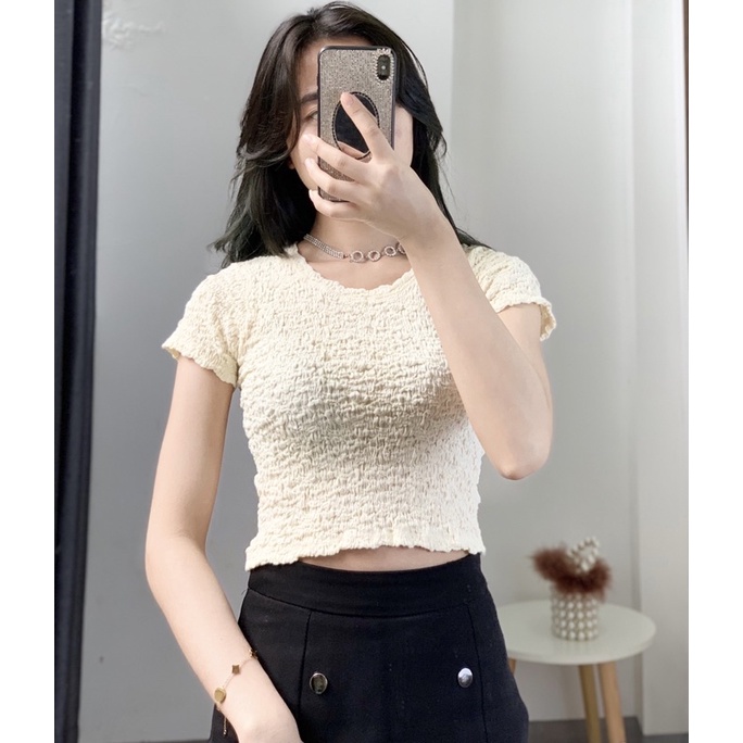 Áo croptop nữ tay ngắn cổ tròn chất xốp nhăn - Áo thun phông nữ ngắn dáng ôm hàng thiết kế Quảng Châu cao cấp
