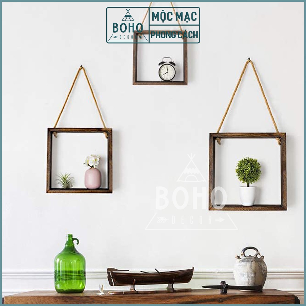 [Hàng Xuất Khẩu] Kệ Treo Tường BOHO DECOR, Kệ Trang Trí Nhà Cửa Phong Cách, Độc Đáo, Gỗ Thông Tự Nhiên Set 3 Kệ Vuông