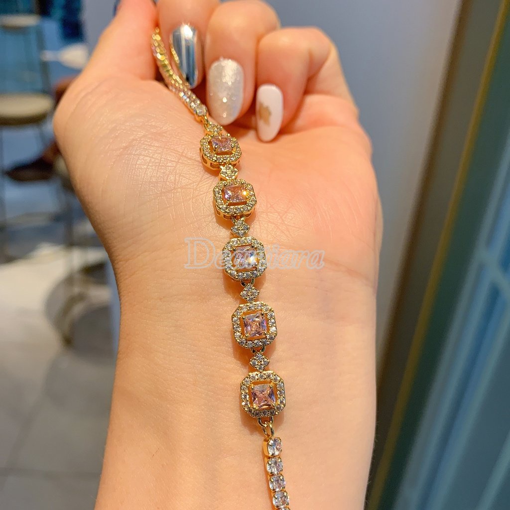 Vòng Tay Công Chúa Tourmaline Mặt Vuông Đính Đá Giả Kim Cương Thời Trang Cho Nữ