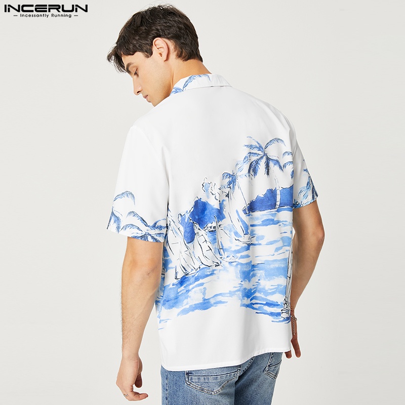 INCERUN Áo Sơ Mi Ngắn Tay In Họa Tiết Thời Trang Đi Biển Mùa Hè Cho Nam