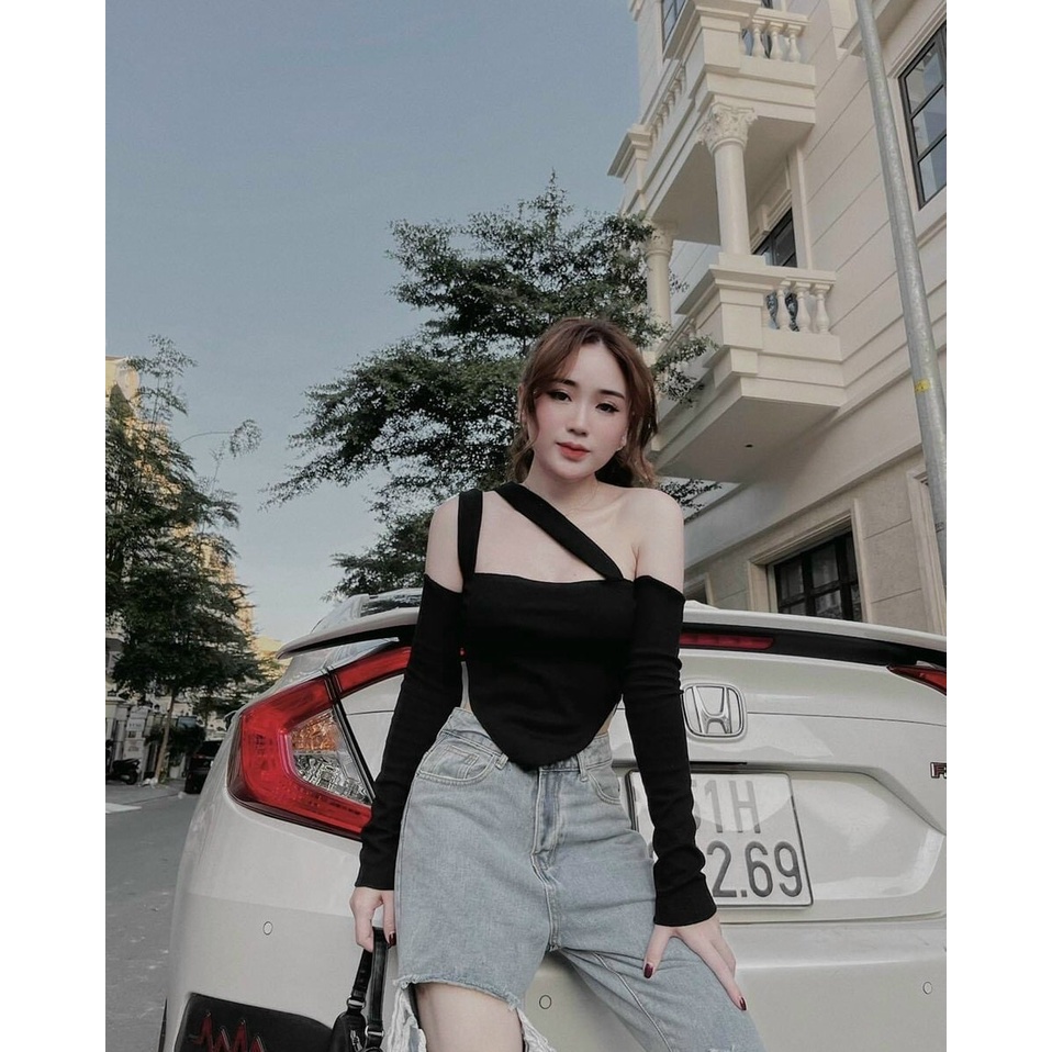 Áo yếm croptop bẹt vai tay dài dây chéo màu trắng/đen NÀNG CLOSET
